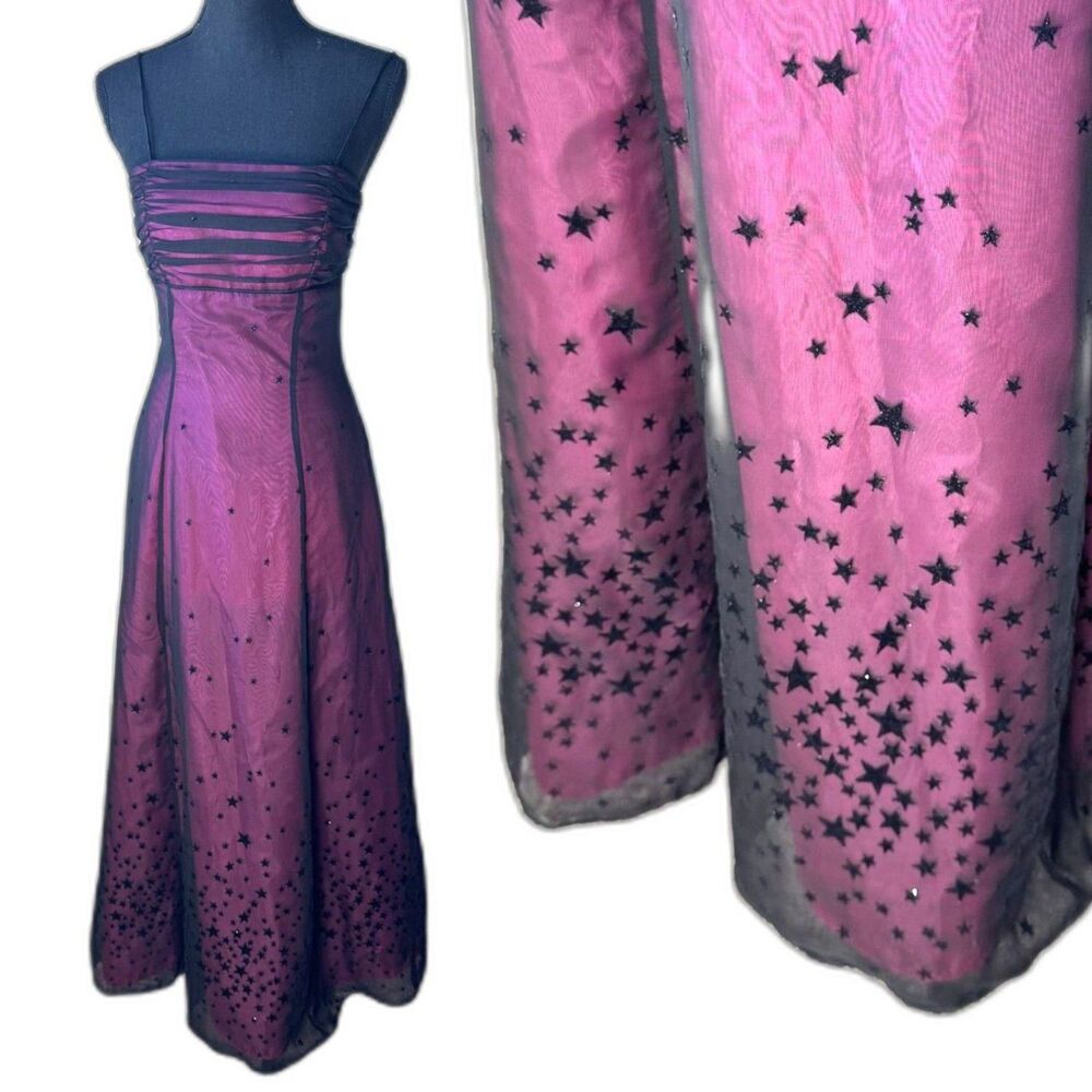 Size 8 Y2K vintage Morgan and Co goth prom dress pink velvet stars (10435)